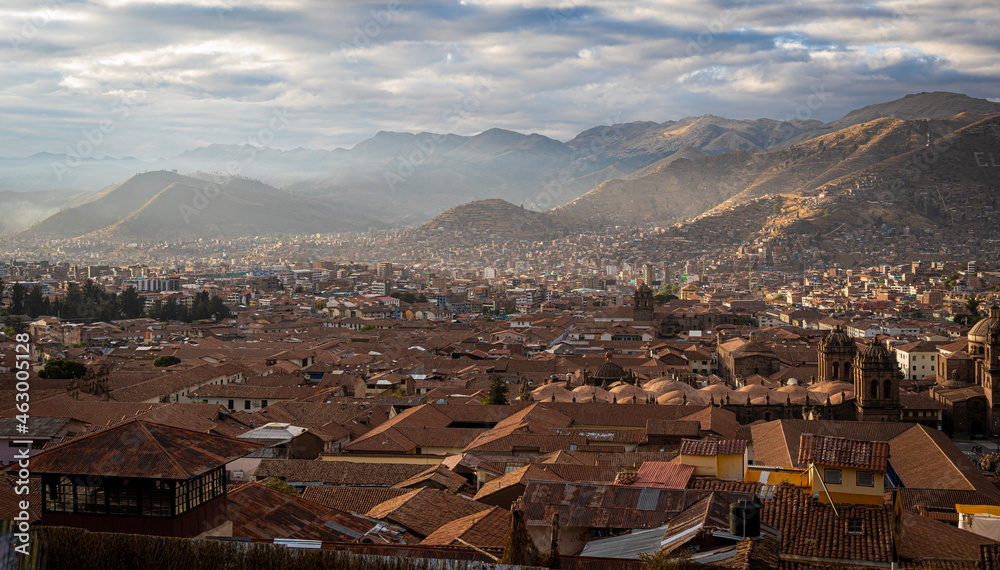 Sunrise view of the city of Cusco from the San Cristobal viewpoint.