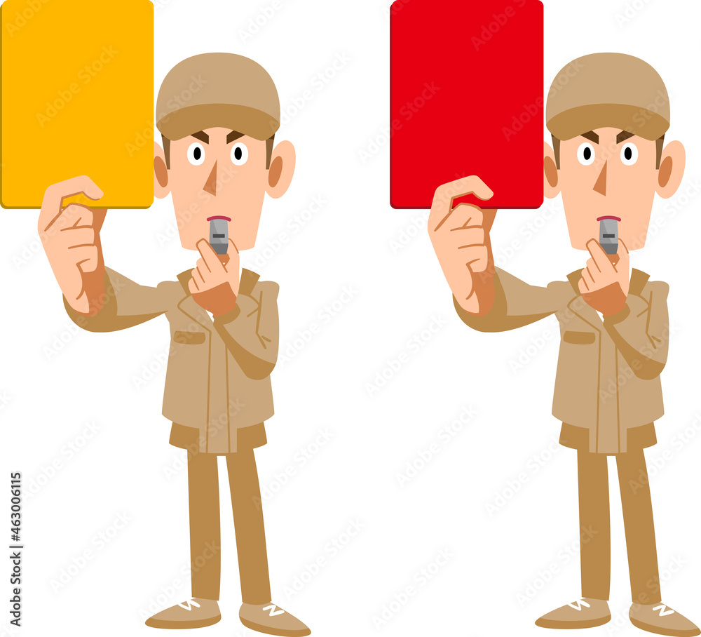 イエローカードとレッドカードを見せるベージュ色の作業着の男性 Stock Vector Adobe Stock