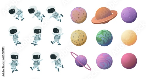 Set of space objects. Planets and astronauts children. Isolated on white background. Cartoon style. Flat design. Vector