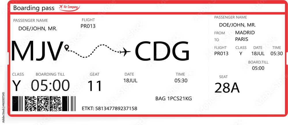 Red vector airline passenger and baggage boarding pass ticket Stock ...