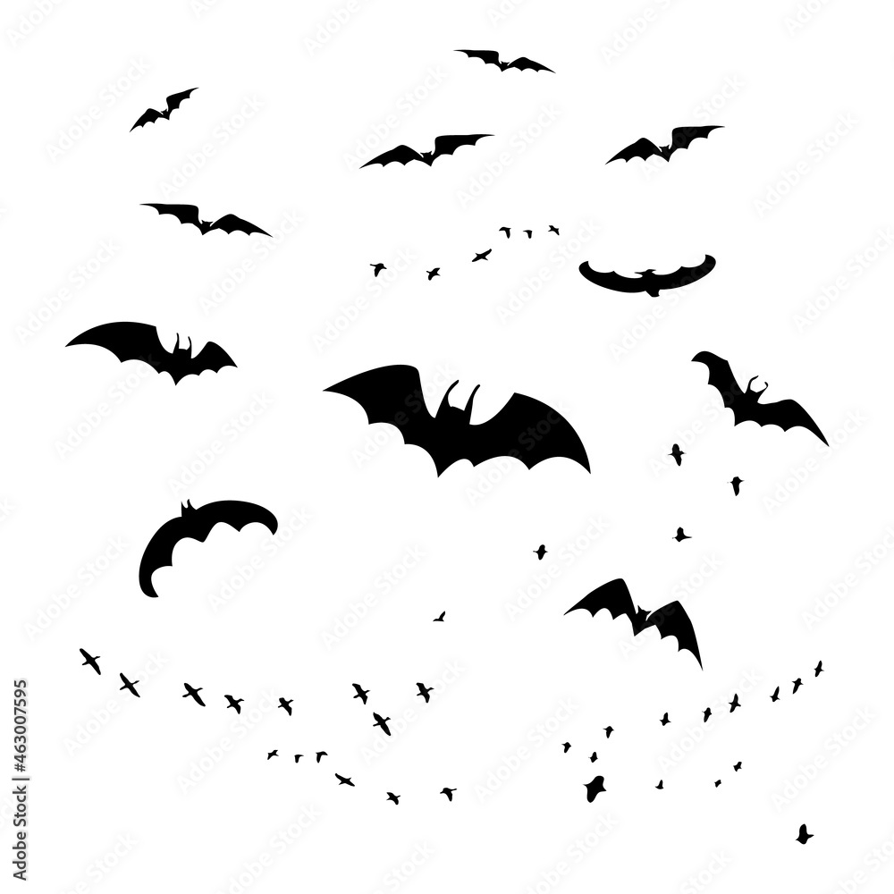 Horror bats group isolated on white background. Flittermouse, night creatures flock. Silhouettes of flying bats. Horrific swarm bats. Halloween scary creepy vampire animals. Stock vector illustration