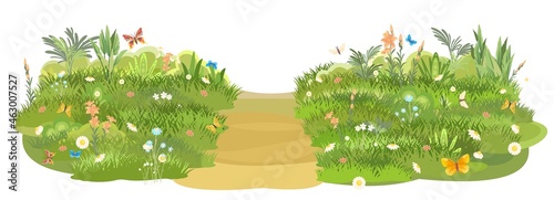 Rural road obliquely to Green Glade. Summer flower meadow. Trail. Juicy grass close up. Grassland. Country trip. Isolated. Cartoon style. Flat design. Illustration vector art