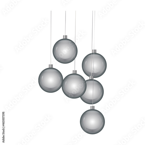 Christmas tree decoration balls isolated on white background. Set of holiday silver balls. Glass baubles hanging on string. New year ornament hanging from above.Group of decorations for festive.Vector