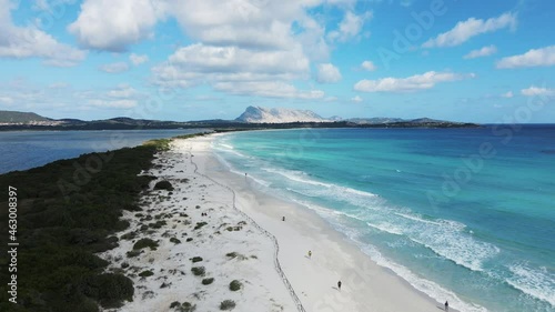 famous La Cinta beach overlooking the island of Tavolara. white sandy beach and soft blue water. very popular with tourists, kiters, great for a romantic walk. drone aerial view, Sardinia Italy.