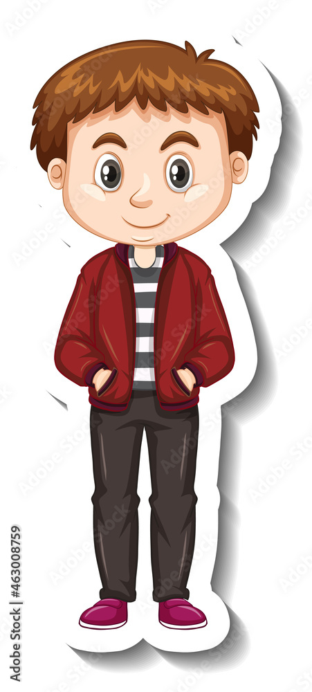A boy wears bomber jacket cartoon character sticker A boy wears bomber jacket cartoon character sticker