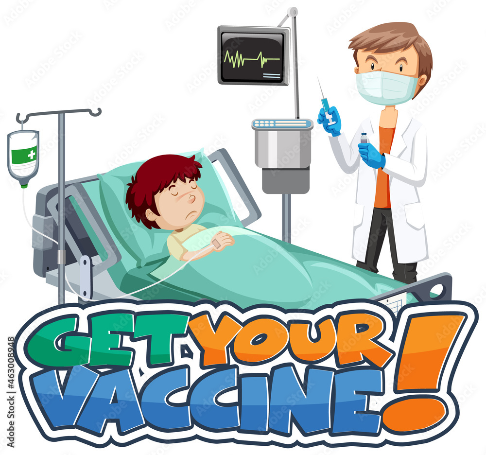 Get Your Vaccine font banner with patient and doctor cartoon character