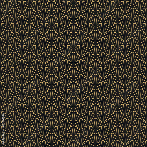 Seamless ornate pattern with golden sea shells on black. Luxury wallpaper.