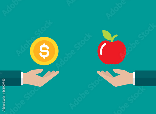 businessman hand exchange dollar coin to apple. Pay, buy, sell goods on market concept.