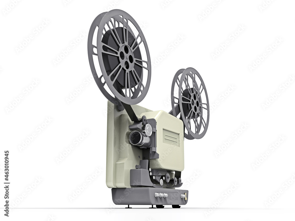 3d cinema film projector isolated on white background. 3d rendering.