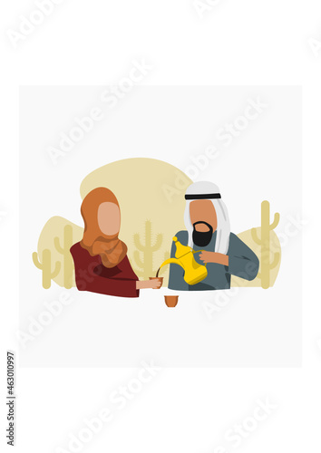 Editable Vector of Arab Man Pouring Arabic Coffee From Dallah Pot into Finjan Cup for His Wife Illustration for Islamic Moments or Arabian Culture Cafe and Family Related Design