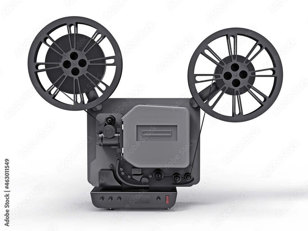 Black 3d cinema film projector isolated on white background. 3d rendering.