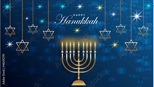 happy hanukkah with blue and golden color and stars shine photo