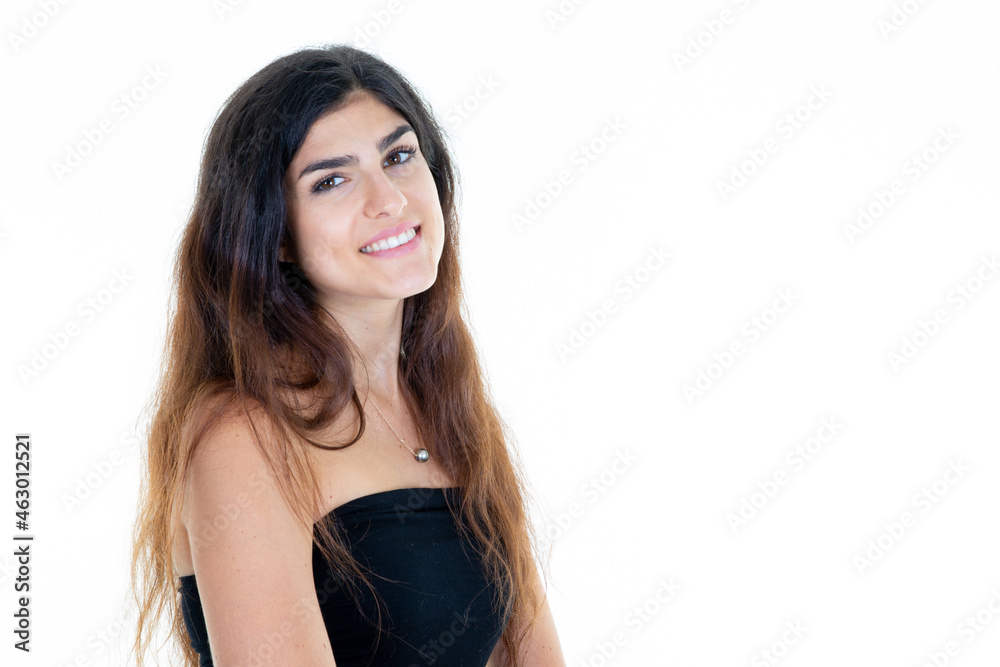 smiling brunette young woman long hair aside white copyspace smiling brunette young woman long hair aside white copyspace