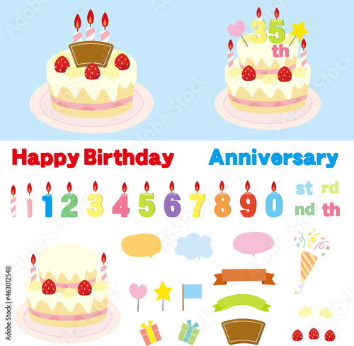 Illustration set of a birthday cake and candles in the shape of numbers.