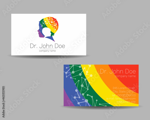 Vector Colorful Business Card Kid Head Modern logo Creative style. Human Child Profile Silhouette Design concept for Company Brand. Rainbow color isolated on gray background