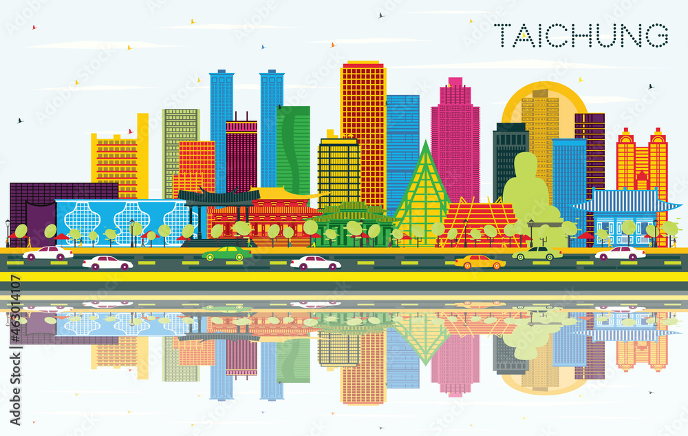 Taichung Taiwan City Skyline with Color Buildings, Blue Sky and Reflections.