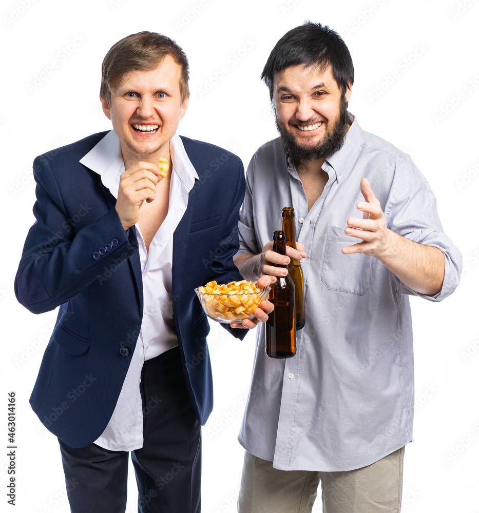 office workers in business suits rest after work, friday. male colleagues, managers are rooting for their favorite team, relaxing with beer, chips. isolated white background office workers in business suits rest after work, friday. male colleagues, managers are rooting for their favorite team, relaxing with beer, chips. isolated white background