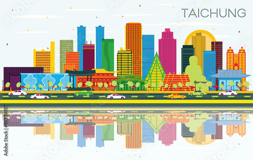 Taichung Taiwan City Skyline with Color Buildings, Blue Sky and Reflections.