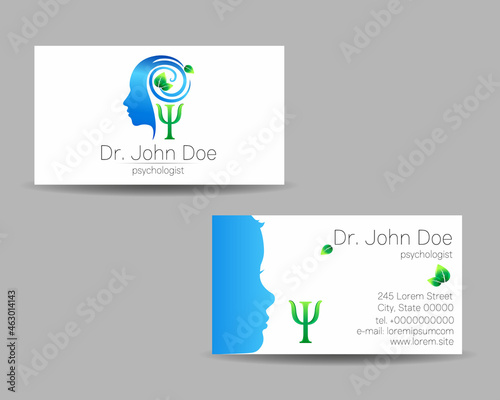Psychology Vector Business Visit Card with Letter Psi Psy Modern logo Creative style. Human Head Profile Silhouette Design concept. Brand company Set