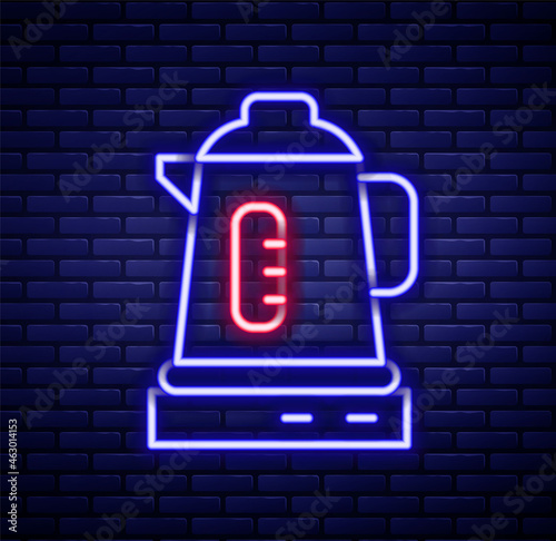 Glowing neon line Electric kettle icon isolated on brick wall background. Teapot icon. Colorful outline concept. Vector