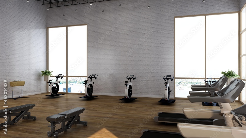 White blank wall in modern gym interior with wooden floor
