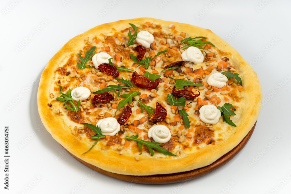Pizza with salmon and cremette cheese on white on a white background