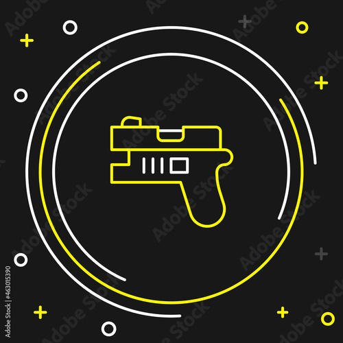 Line Futuristic space gun blaster icon isolated on black background. Laser Handgun. Alien Weapon. Colorful outline concept. Vector