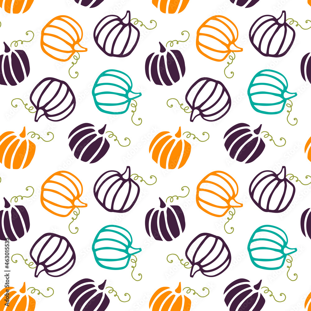 Seamless pattern with pumpkin and curls on a white background. Vector illustration. Seamless pattern with pumpkin and curls on a white background. Vector illustration.
