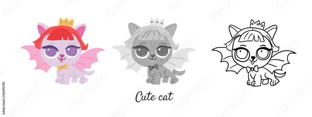 Vector set with cute cat character in colored style, black and white, outline isolated on white. Simple minimalistic cute cats in cartoon style perfect for coloring book. Cute kitty character