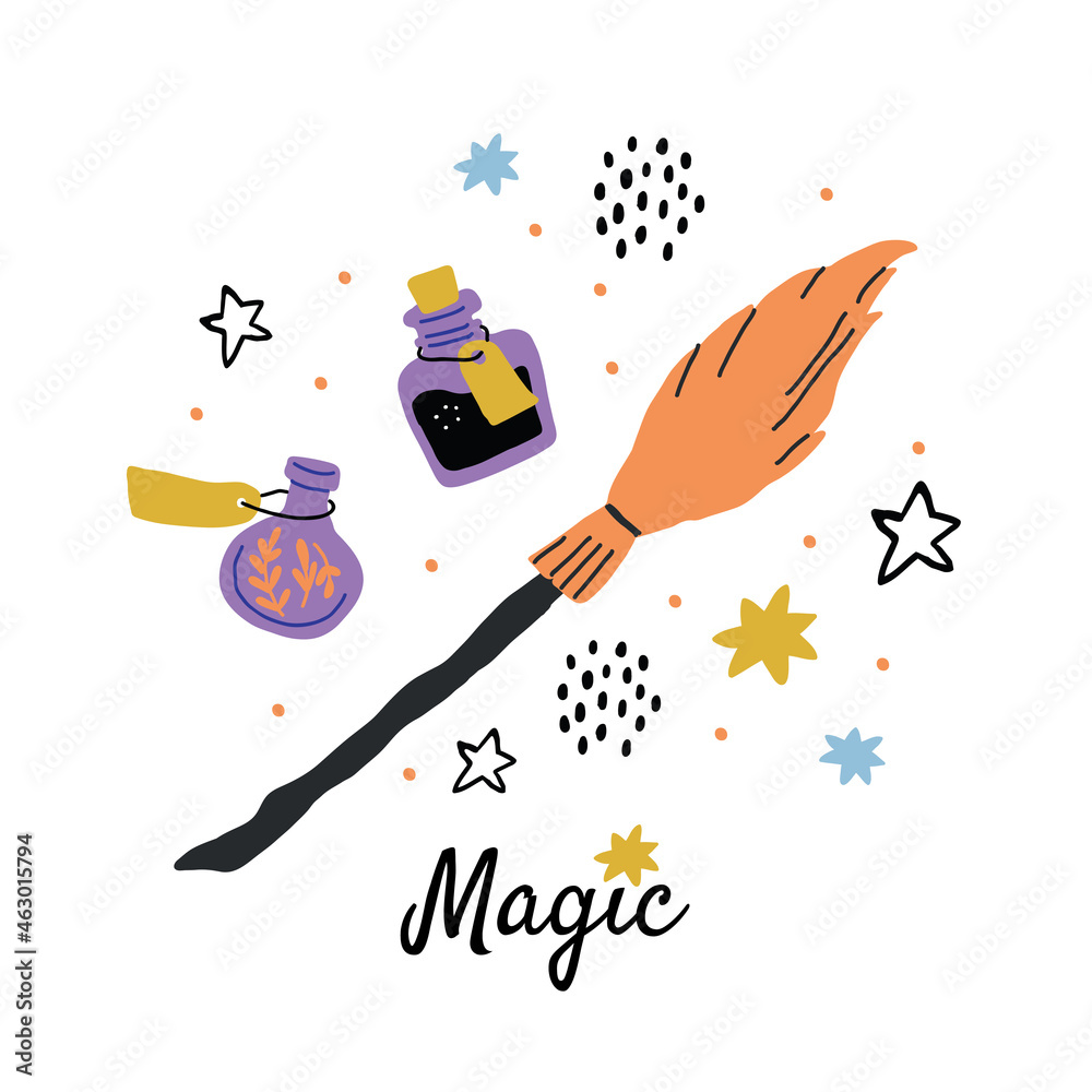 Fototapeta premium round illustration with flying broom, stars, potion bottles, elixirs, stars, dots and lettering. Broom, bottles with potion, stars, dots. Vector illustration, magic design