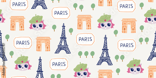 Cute vector seamless pattern with cat in Paris, urban streets. Cute romantic touristic pattern design