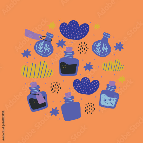 Round illustration with colorful magic cartoon bottles, stars, clouds, love potions in eclectic blue trendy color. Magic elixir hand drawn collection isolated. Scandinavian style magician banner