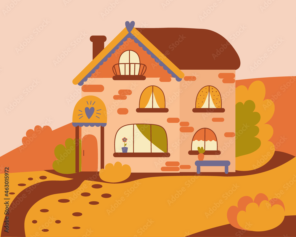 Fabulous two-storey house in an autumn landscape. House of grandparents. Postcard design. Illustration.