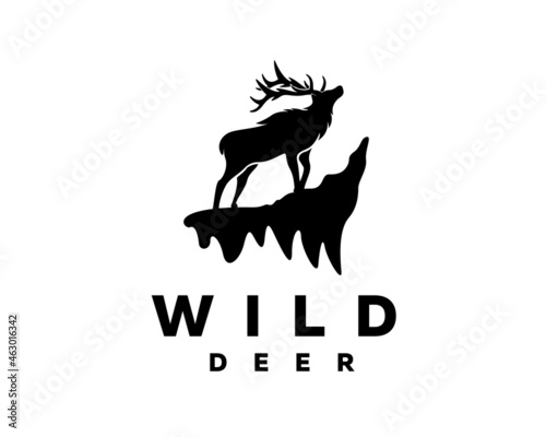 black silhouette wild deer elk rock cliff logo template illustration