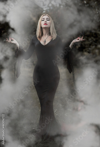  Witch in black dress, Halloween concept, ideas for party, perfect lady in dark gothic clothes