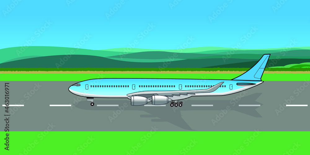 airplane side view in runway drawing in vector