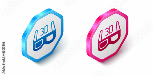 Isometric 3D cinema glasses icon isolated on white background. Hexagon button. Vector