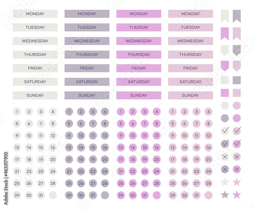 Set of digital sticker graphic illustrations for use in diaries, calendars, planners.