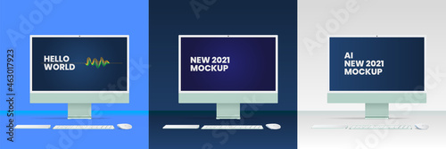 Realistic mockups of new iMac. Computer screen mockup. Apple iMac 2021. Mockup design on computer screen
