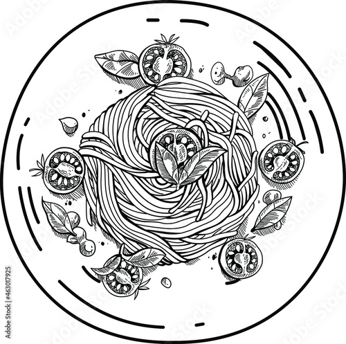Black and white hand drawn illustration of a pasta. Spaghetti vector illustration.