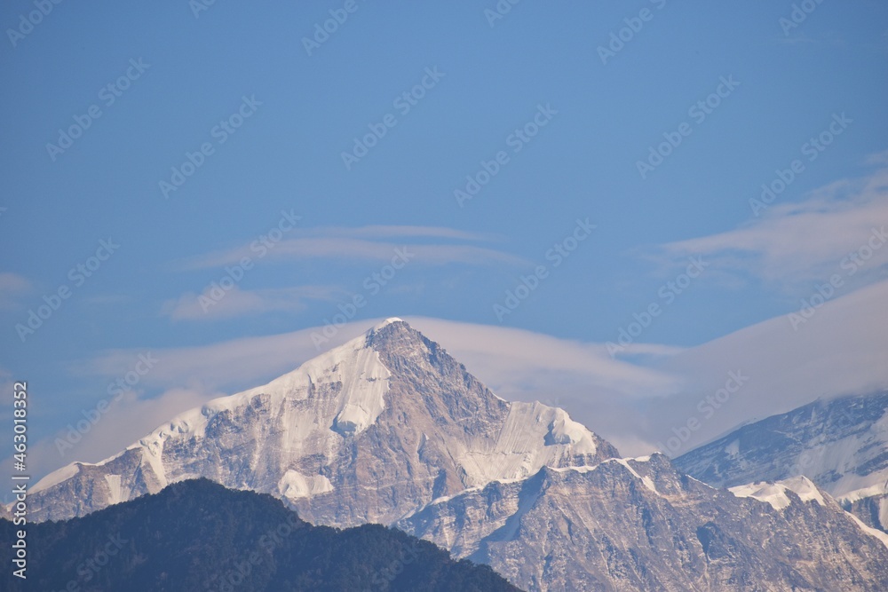 Panoramic Himalayan mountains view from Chandrashila summit, Chopta. Chandrashila is a peak in the Himalayan ranges in Uttarakhand state of India. It lies at an altitude of 12,083 ft from the sea