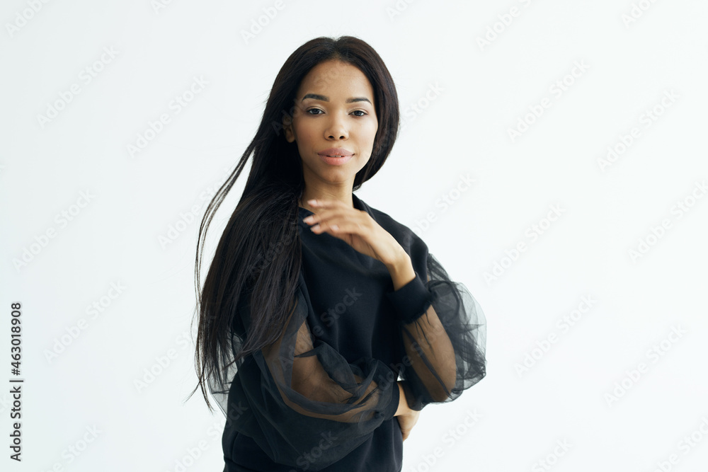 cheerful african woman fashionable hairstyle long hair cosmetics cheerful african woman fashionable hairstyle long hair cosmetics
