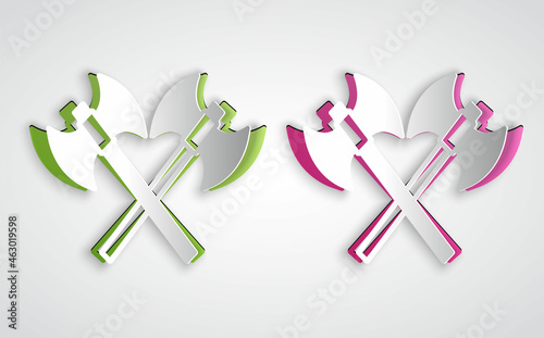 Paper cut Crossed medieval axes icon isolated on grey background. Battle axe, executioner axe. Medieval weapon. Paper art style. Vector