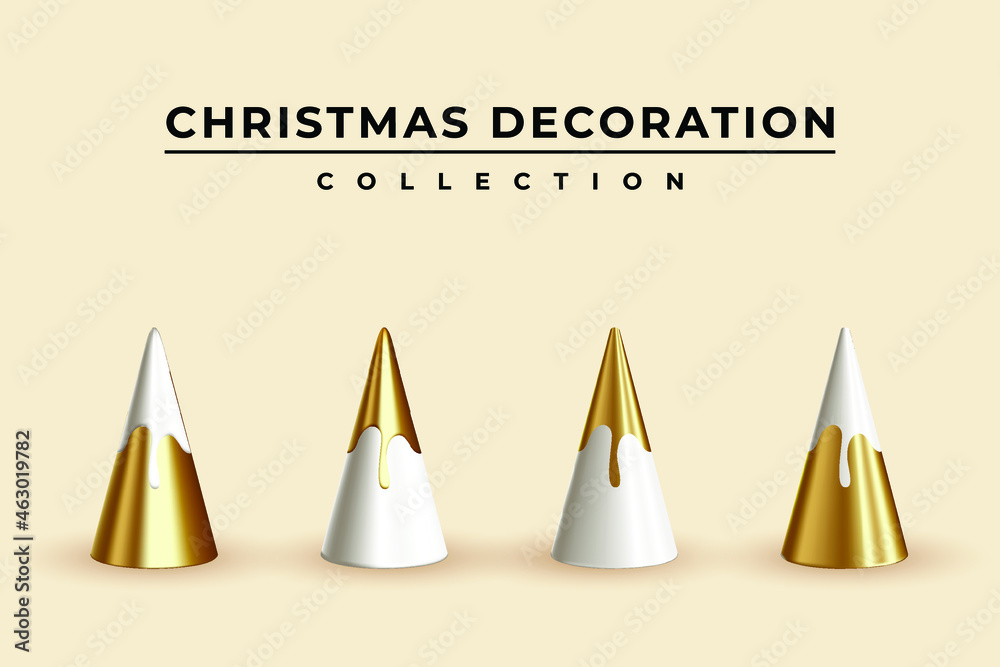 Illustration realistic gold and white cones for Christmas decoration collection Illustration realistic gold and white cones for Christmas decoration collection