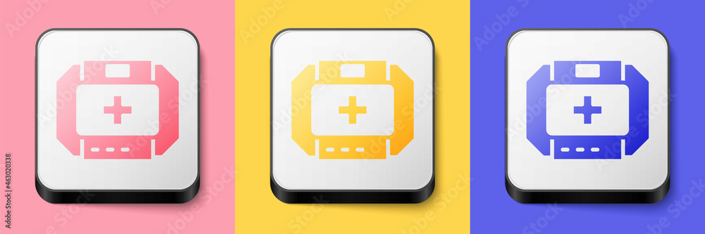 Isometric First aid kit icon isolated on pink, yellow and blue background. Medical box with cross. Medical equipment for emergency. Healthcare concept. Square button. Vector