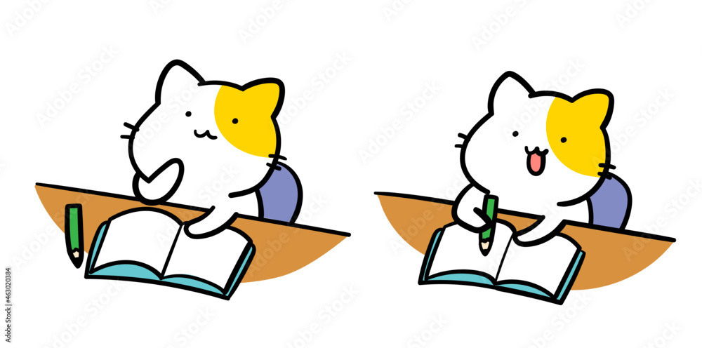 勉強するかわいいねこのキャラクターの手書き風イラスト Stock Vector Adobe Stock