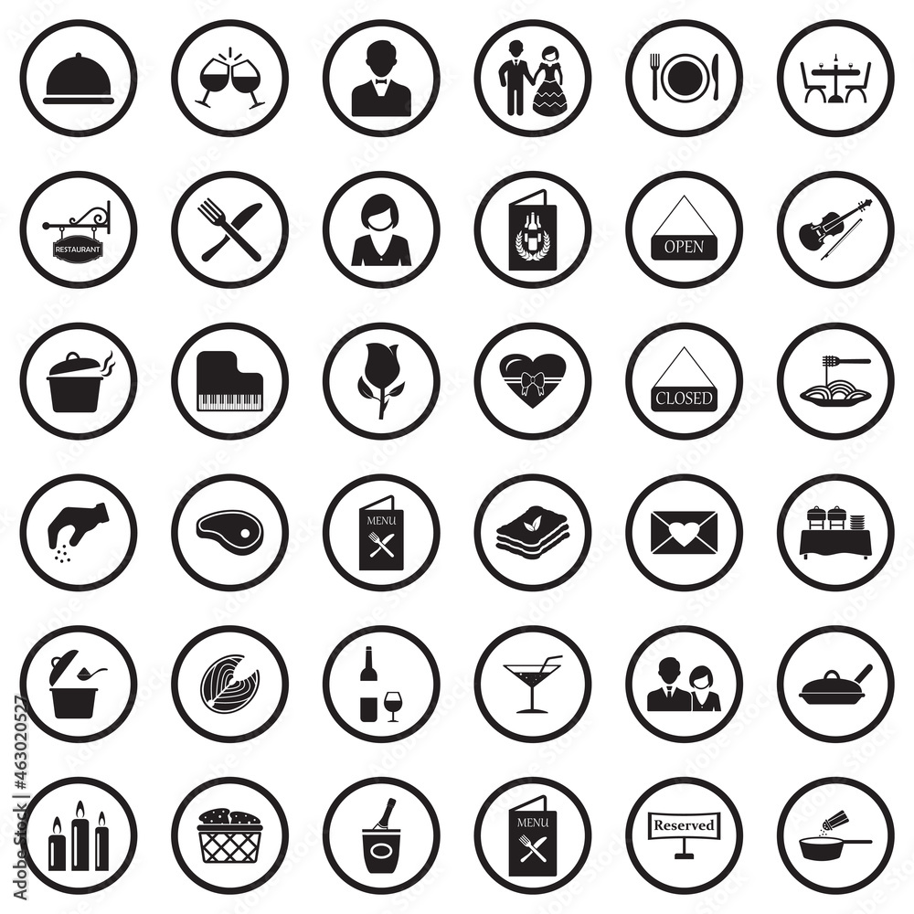 Dinner Icons. Black Flat Design In Circle. Vector Illustration. Dinner Icons. Black Flat Design In Circle. Vector Illustration.