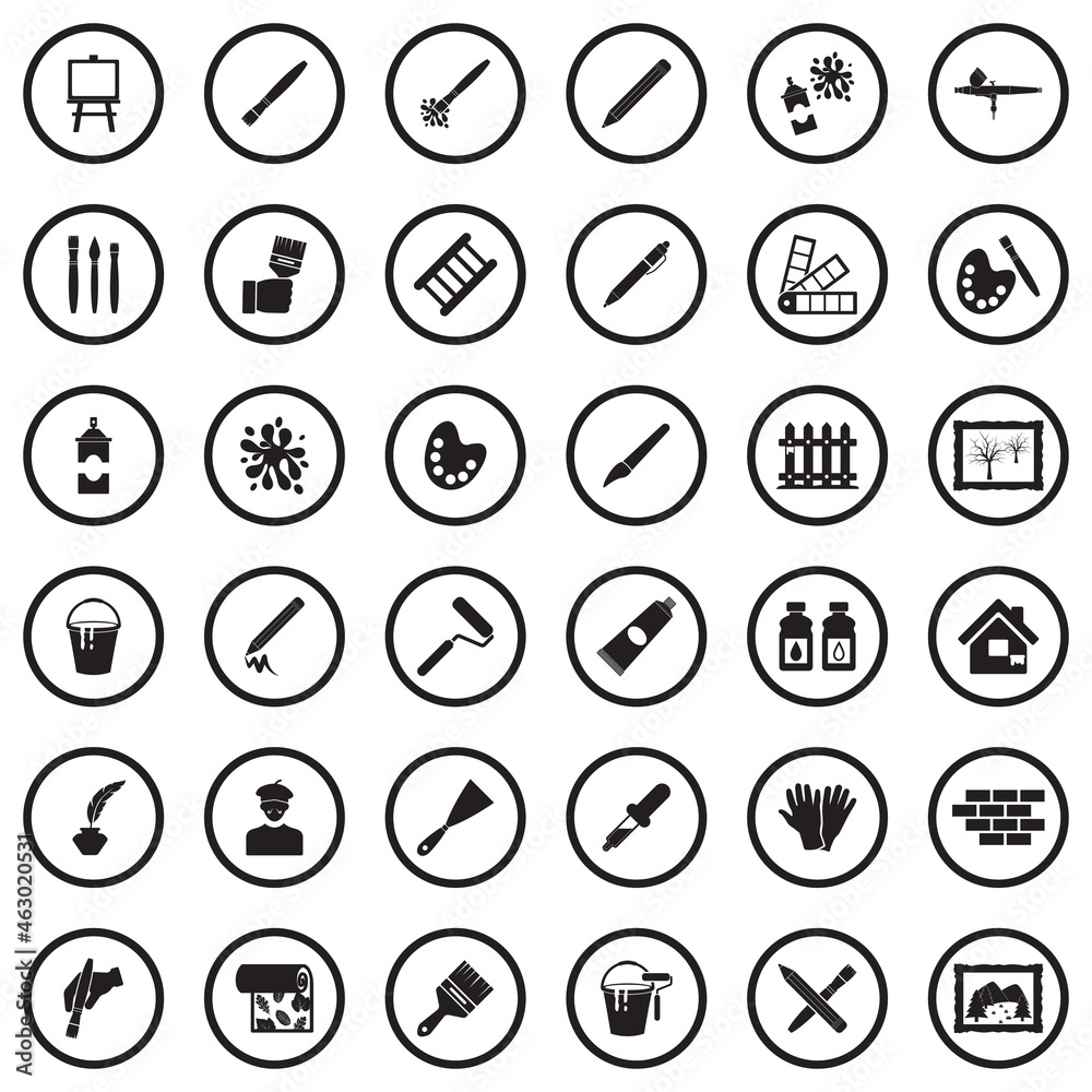 Drawing And Painting Icons. Black Flat Design In Circle. Vector Illustration. Drawing And Painting Icons. Black Flat Design In Circle. Vector Illustration.