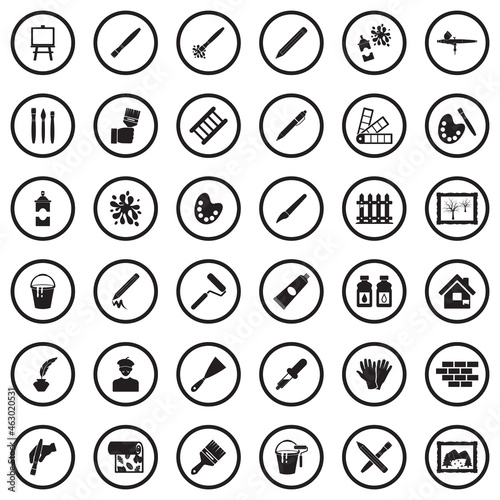 Drawing And Painting Icons. Black Flat Design In Circle. Vector Illustration.