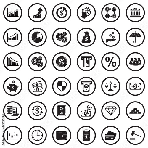Economy Icons. Black Flat Design In Circle. Vector Illustration.
